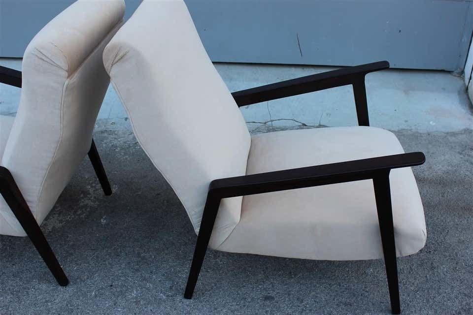 photo for sale Pair Of 1950s Italian Design Armchairs In Walnut And Midcentury Beige Velvet