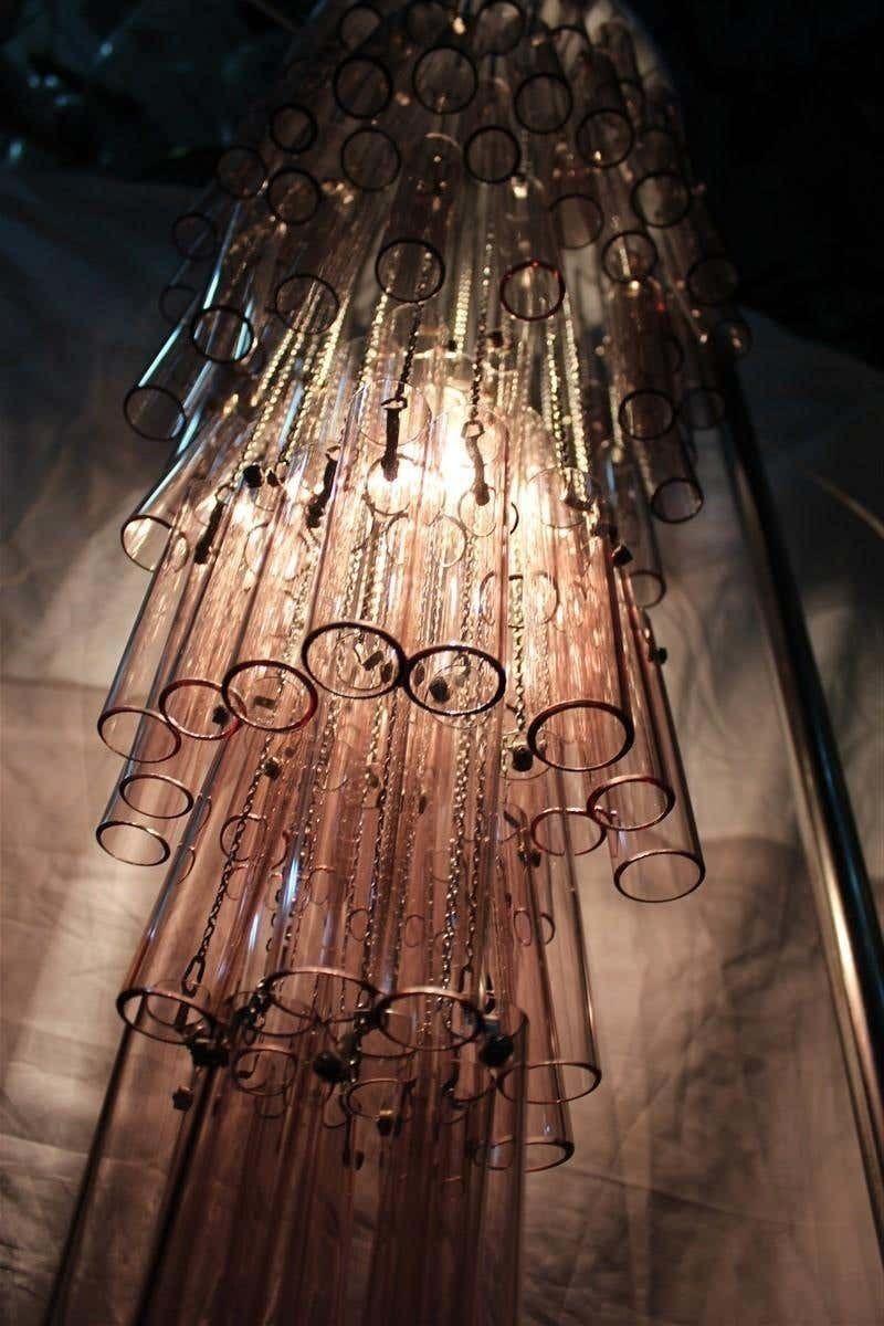 photo vintage Pair Of Round Venini Cascade Chandeliers Straws Viola Murano Glass Italian