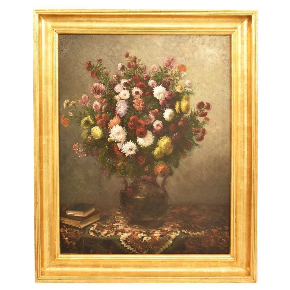 Flower Painting, Daisies And Chrysanthemums Flower Art, Still Life Floral, Oil On Canvas, 19th Century. (Qf232)