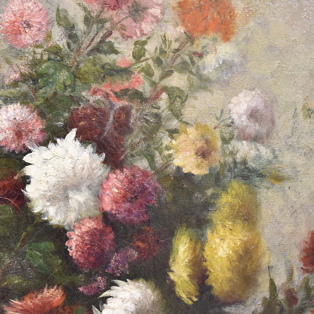 Flower Painting, Daisies And Chrysanthemums Flower Art, Still Life Floral, Oil On Canvas, 19th Century. (Qf232) photo 1800.0