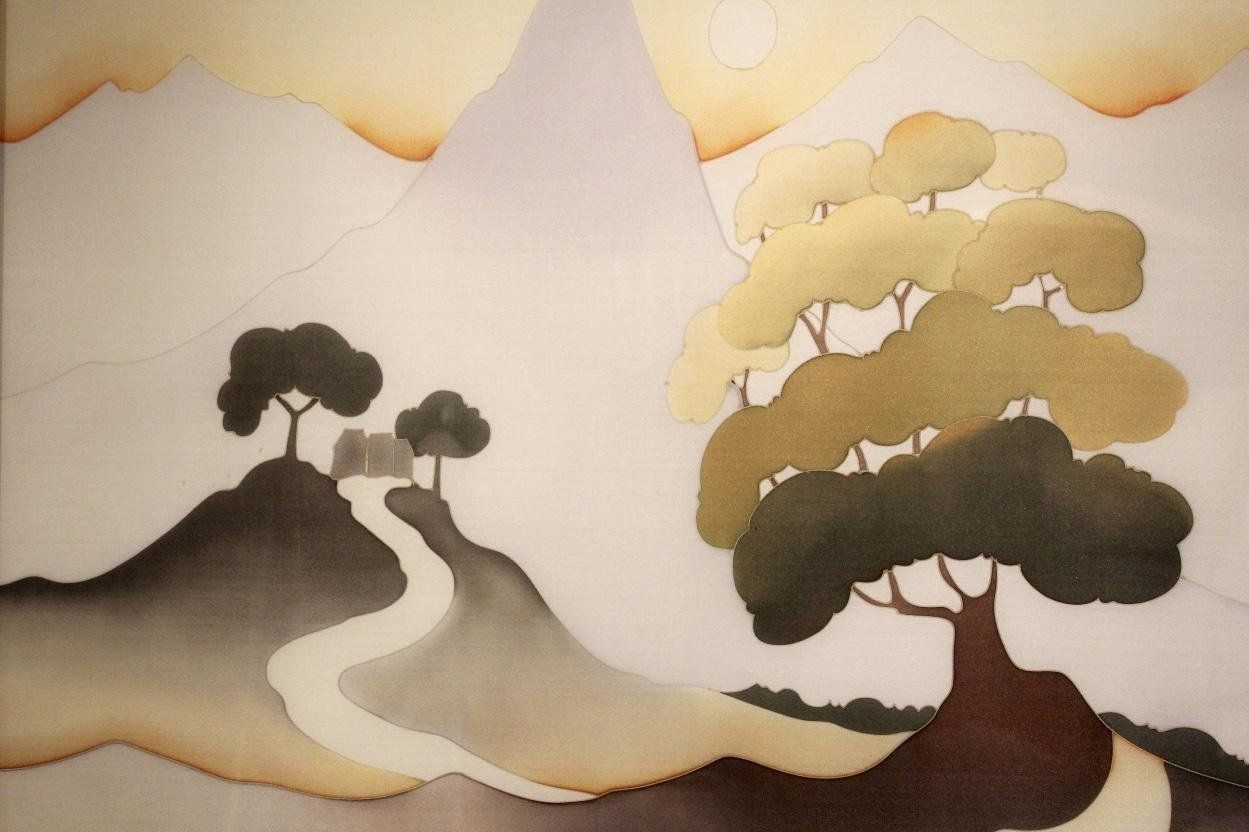 photo furniture Soleil Couchant Hand Painted Aquarelle On Silk By Odille Penelle, 1980s