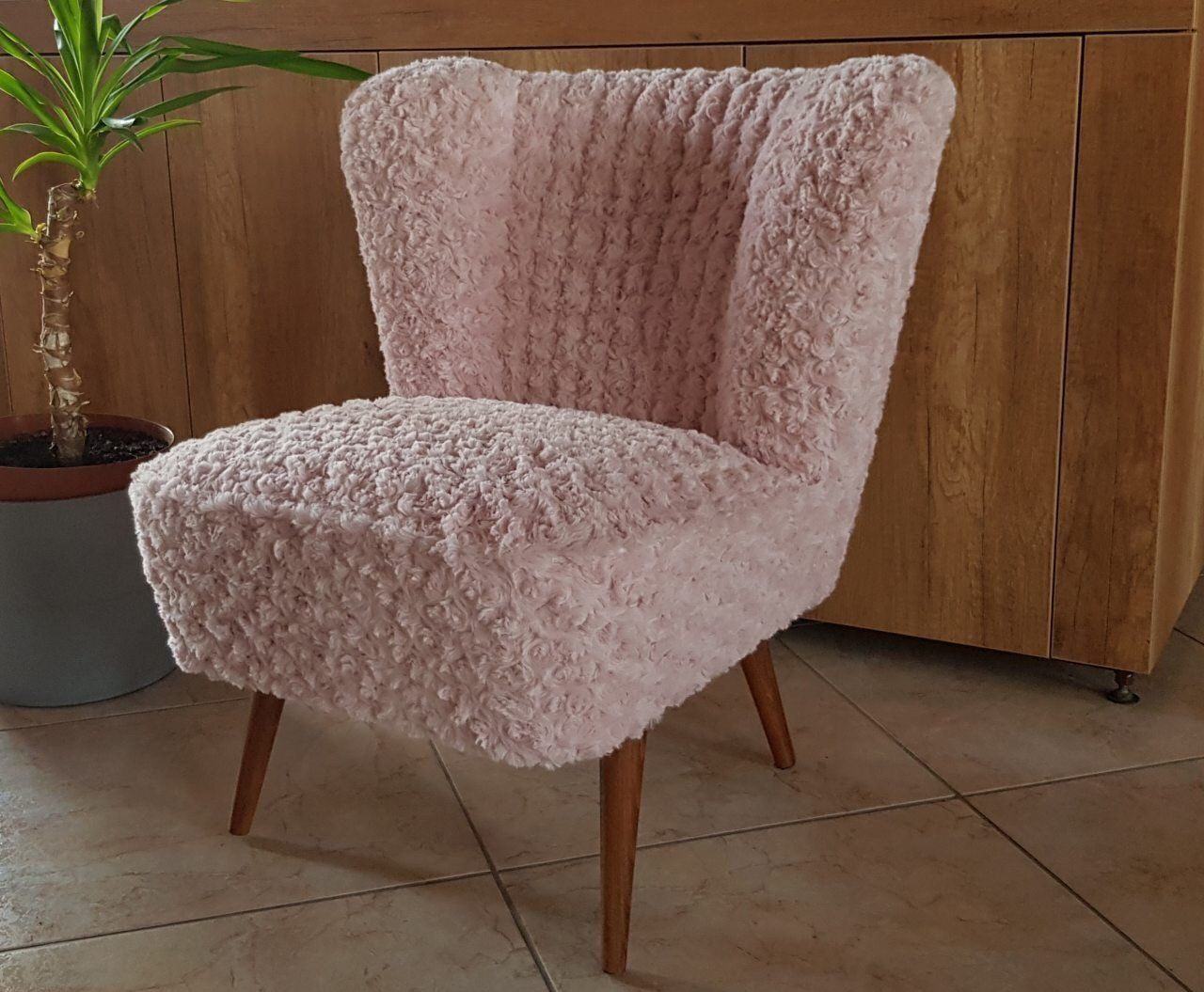 Mid Century Pink Faux Fur Cocktail Chair photo furniture