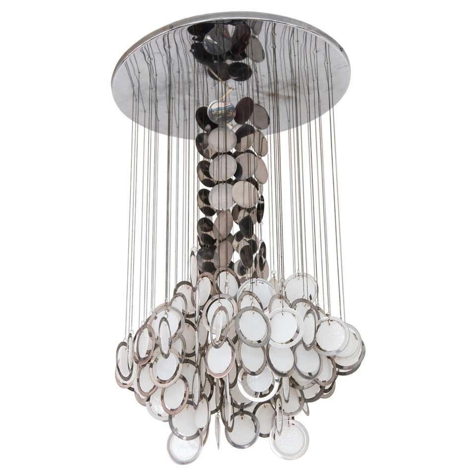 Large Vistosi Opal Glass And Chrome Discs Chandelier, Murano, Italy, 1960s
