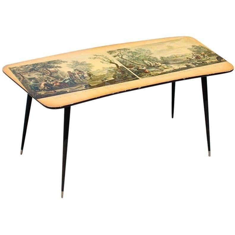 Midcentury Curved Coffee Table With Wagner Prints, Metal Feet And Gold Brass