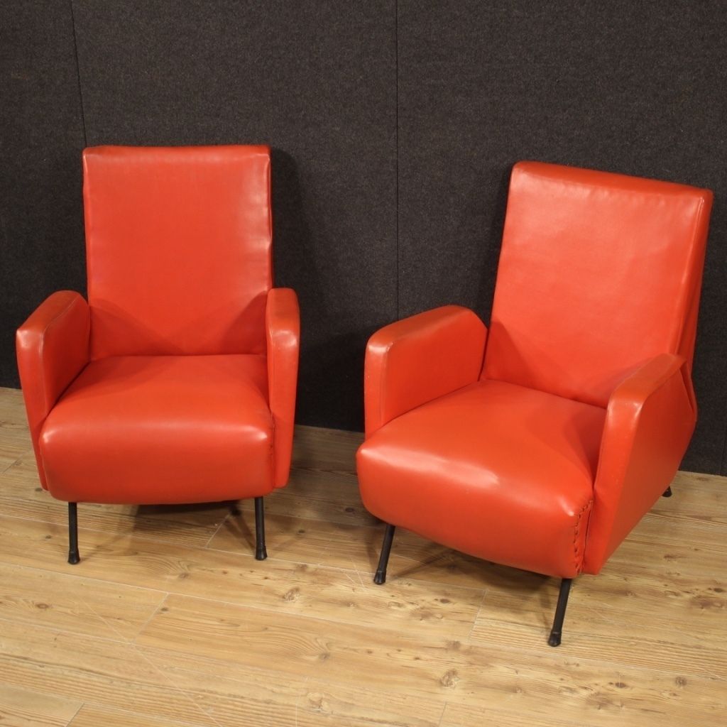 Pair Of Italian Design Armchairs In Red Faux Leather photo furniture