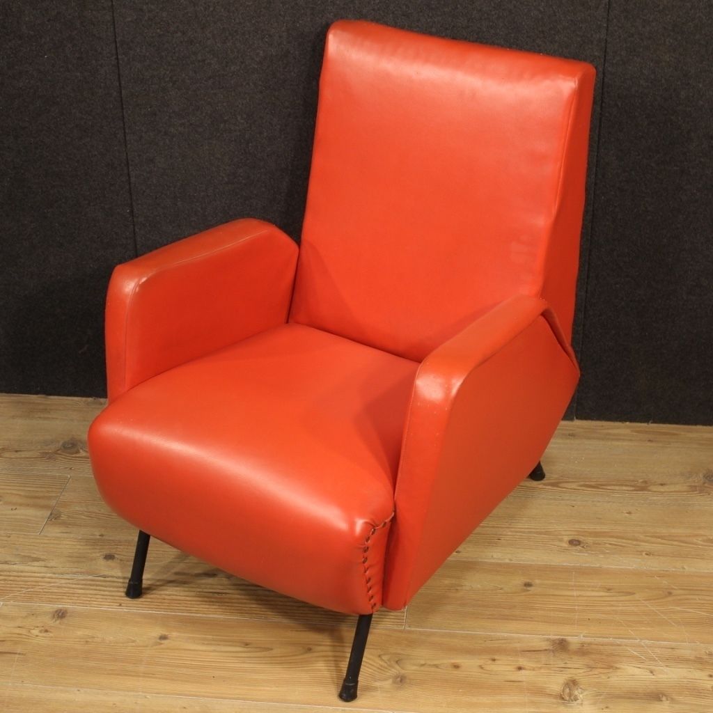 Pair Of Italian Design Armchairs In Red Faux Leather photo vintage