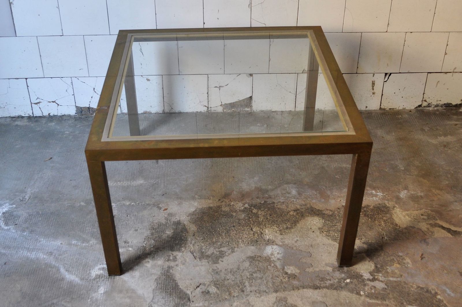 Square Coffee Table In Brass And Glass, 1970s photo for sale