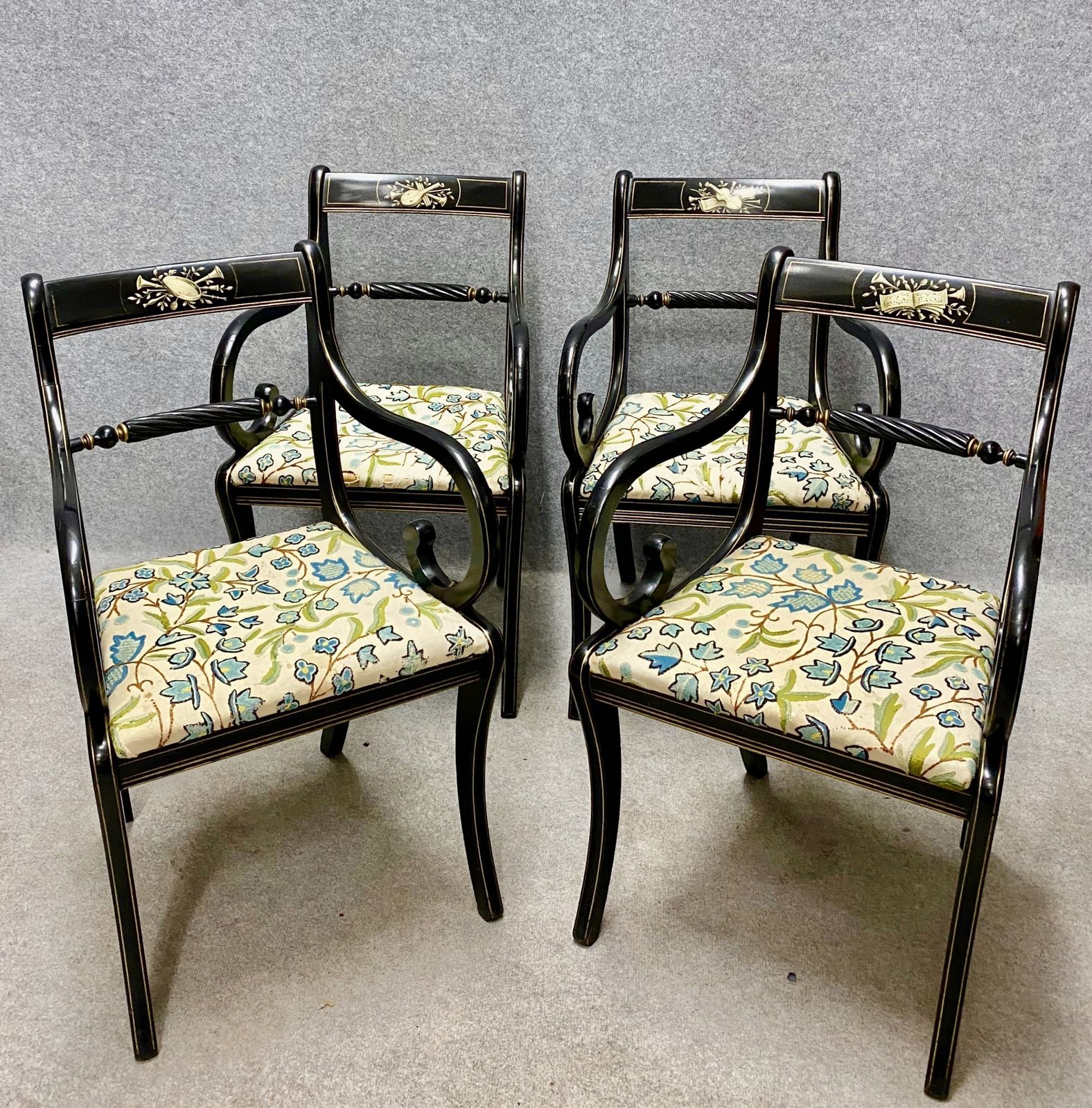 Set Of 4 Regency Style Ebonised & Decorated Elbow Chairs photo furniture