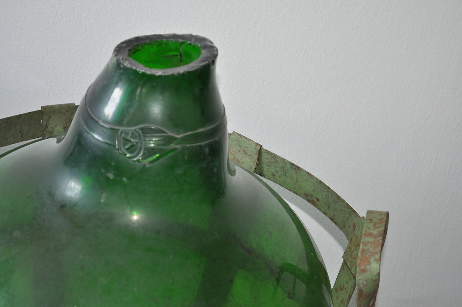 Antique Hand Blown Demijohn In Vintners Metal Basket photo for sale