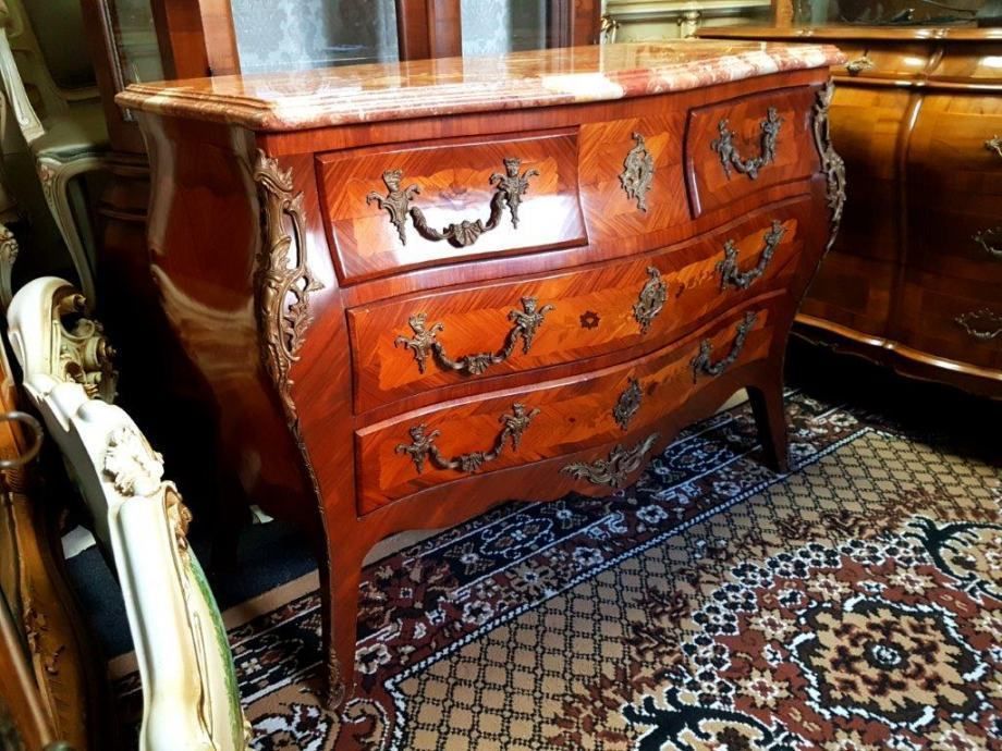 French Chest Of Drawers With Brass Applications And Marble Slab
