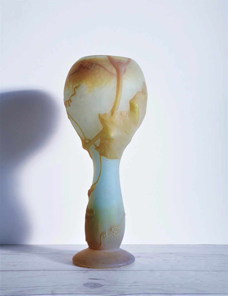 Daum 'Fleur De Coloquinte' French Art Nouveau Satin Cameo Glass Vase | C. 1900s, Antique photo for sale