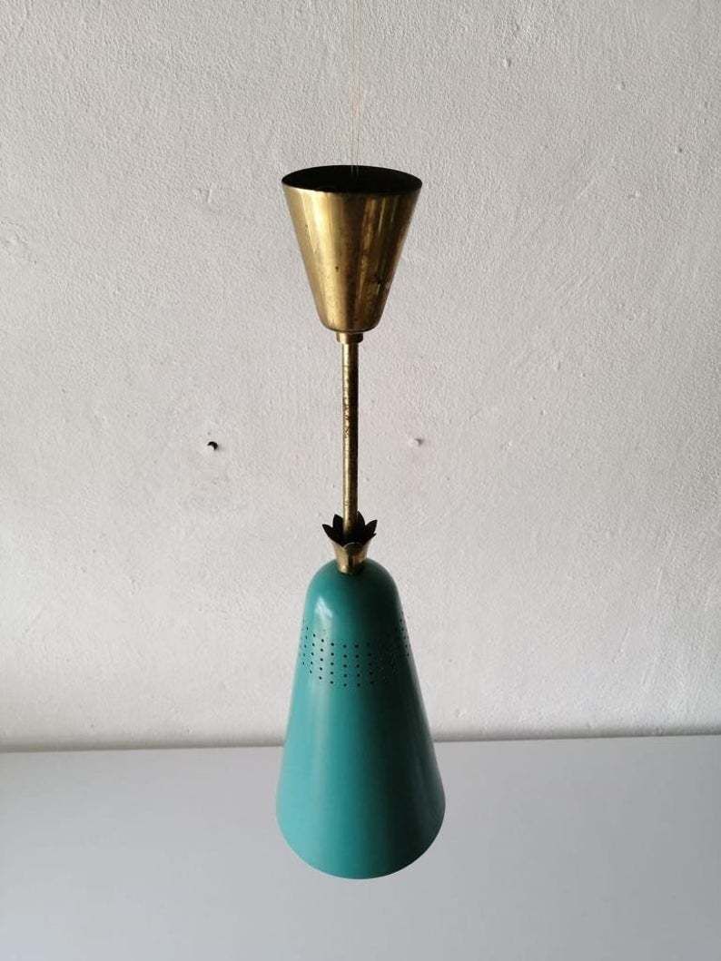 Original Mint Green Metal Conical Shape Pendant Lamp   Stilnovo Era   Brass Details   Mid Century Modern 60s   Manufactured In Italy photo furniture