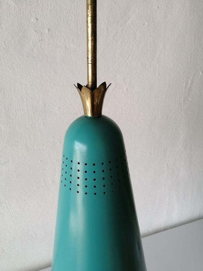 Original Mint Green Metal Conical Shape Pendant Lamp   Stilnovo Era   Brass Details   Mid Century Modern 60s   Manufactured In Italy photo 646.04
