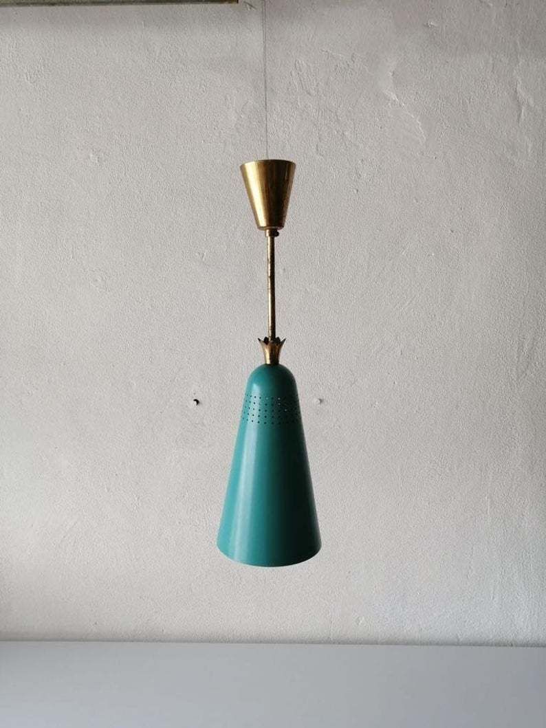Original Mint Green Metal Conical Shape Pendant Lamp   Stilnovo Era   Brass Details   Mid Century Modern 60s   Manufactured In Italy photo buy