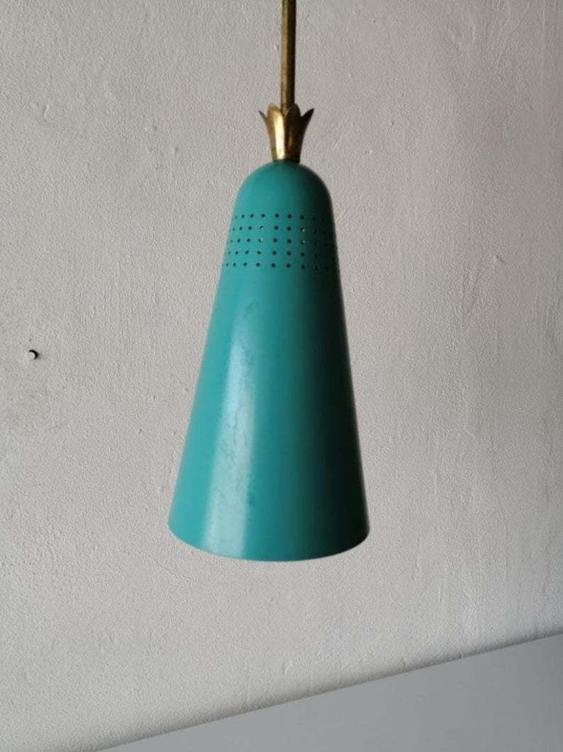 photo for sale Original Mint Green Metal Conical Shape Pendant Lamp   Stilnovo Era   Brass Details   Mid Century Modern 60s   Manufactured In Italy