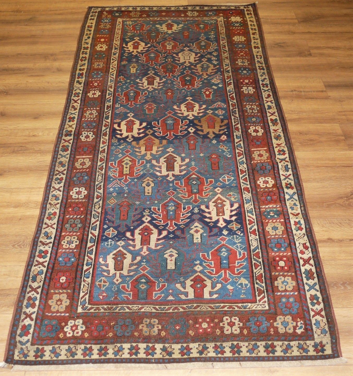 Genuine Antique Hand Knotted Caucasian Kazak Design Rug   100% Wool Pile   232 X 109 Cm (7'7" X 3'7")