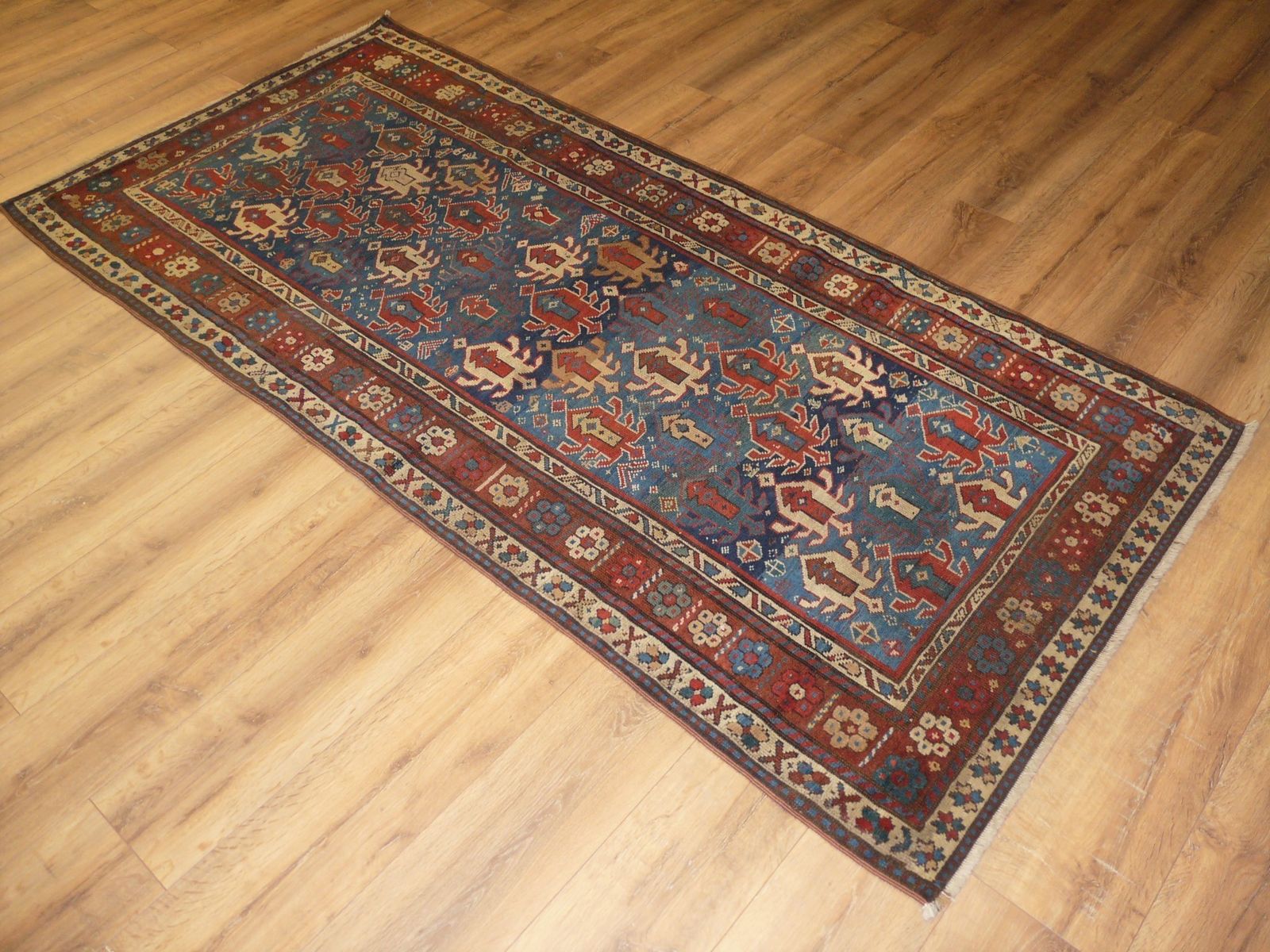 Genuine Antique Hand Knotted Caucasian Kazak Design Rug   100% Wool Pile   232 X 109 Cm (7'7" X 3'7") photo Textiles