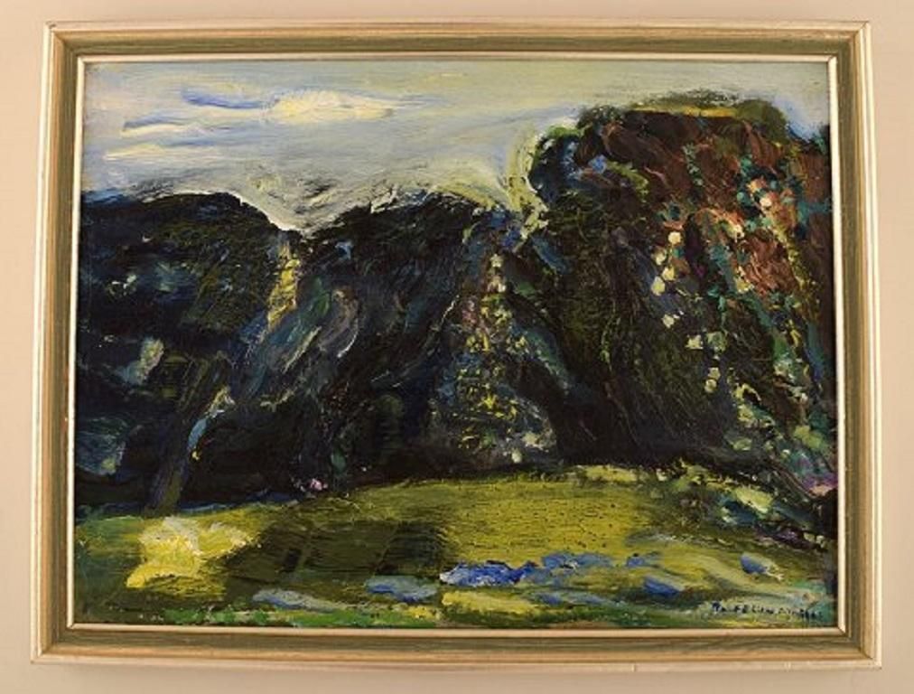 Rolf Nygren, Swedish Painter, Oil On Board, Modernist Landscape, 1960s photo furniture