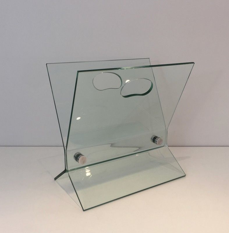 In The Style Of François Arnal. Glass And Brushed Steel Design Magazine Rack. French. Circa 1970