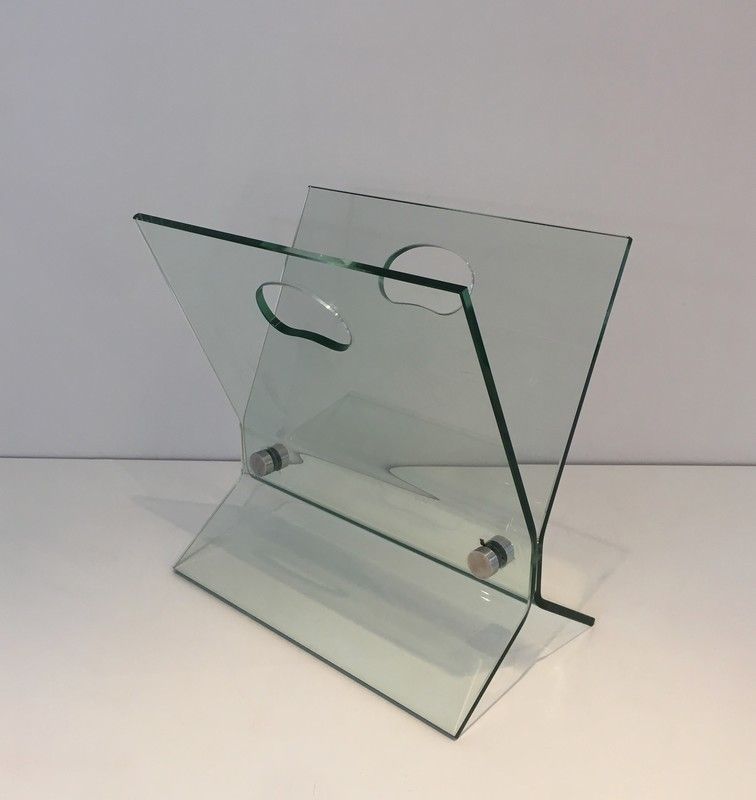 In The Style Of François Arnal. Glass And Brushed Steel Design Magazine Rack. French. Circa 1970 photo furniture
