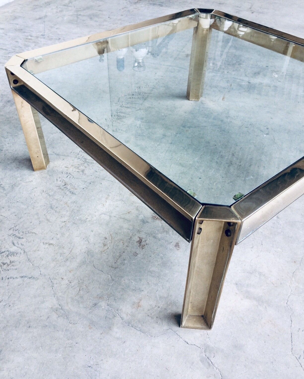 Brutalist Design Style Brass & Glass Square Coffee Table 1970s photo vinterior