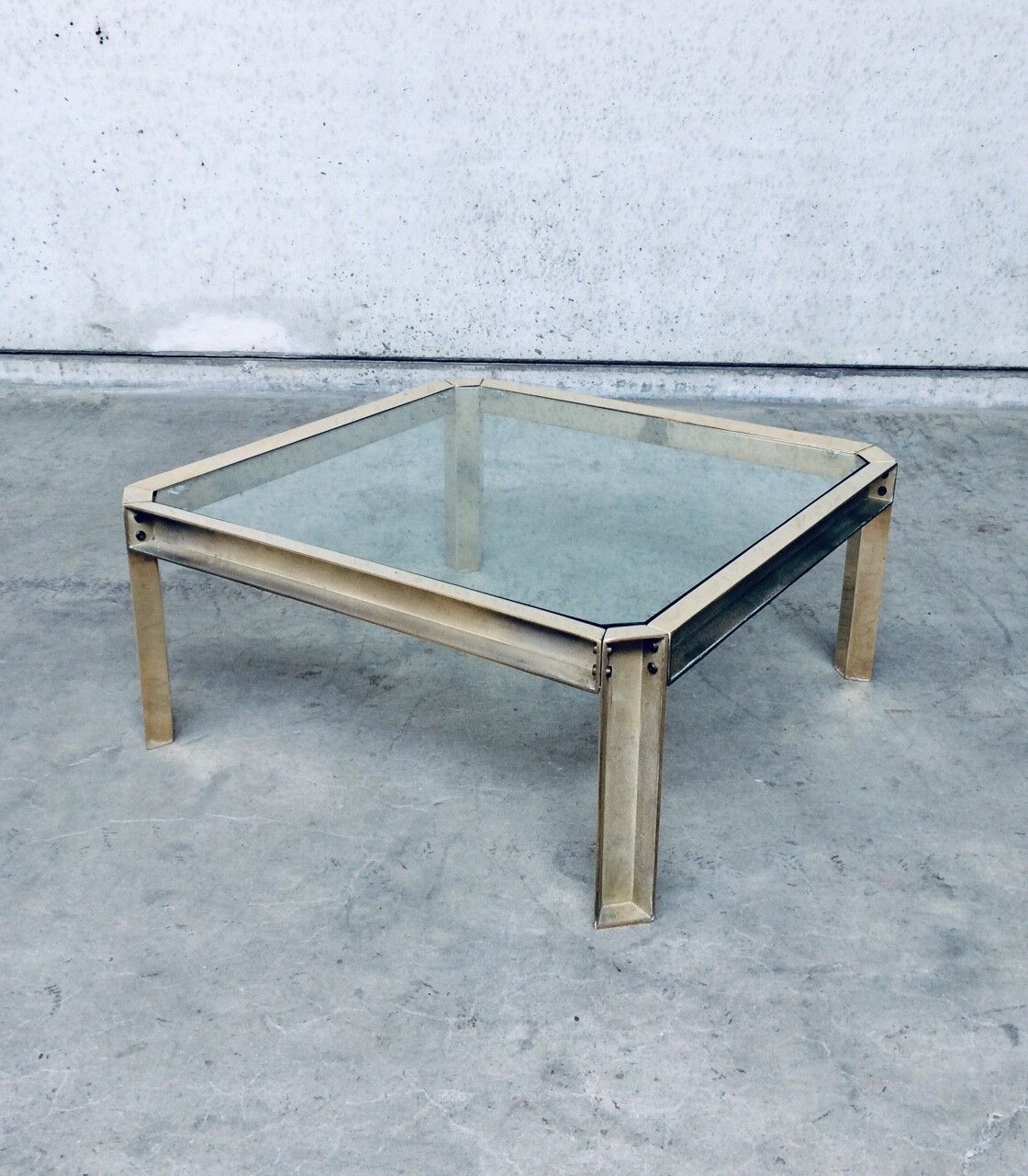 Brutalist Design Style Brass & Glass Square Coffee Table 1970s photo buy