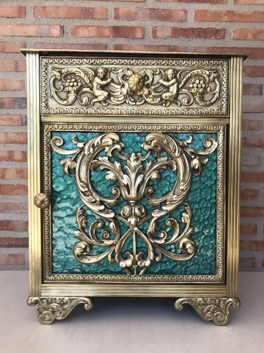 Antique Louis XVI Bronze Vitrine Nightstands With Green Glass Doors And Drawer, Set Of 2 photo furniture