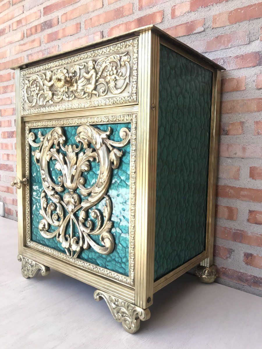 Antique Louis XVI Bronze Vitrine Nightstands With Green Glass Doors And Drawer, Set Of 2 photo for sale