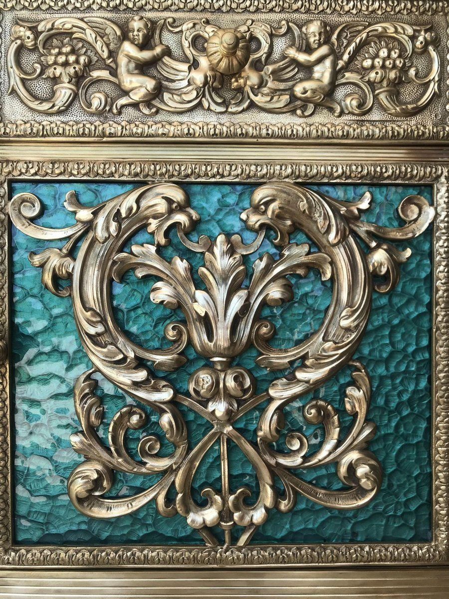 photo for sale Antique Louis XVI Bronze Vitrine Nightstands With Green Glass Doors And Drawer, Set Of 2