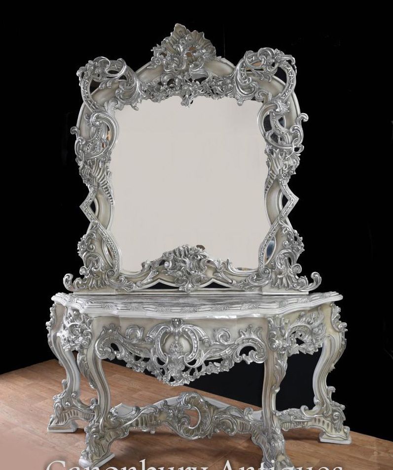 Painted Italian Rococo Silver Gilt Console Table And Mirror Set