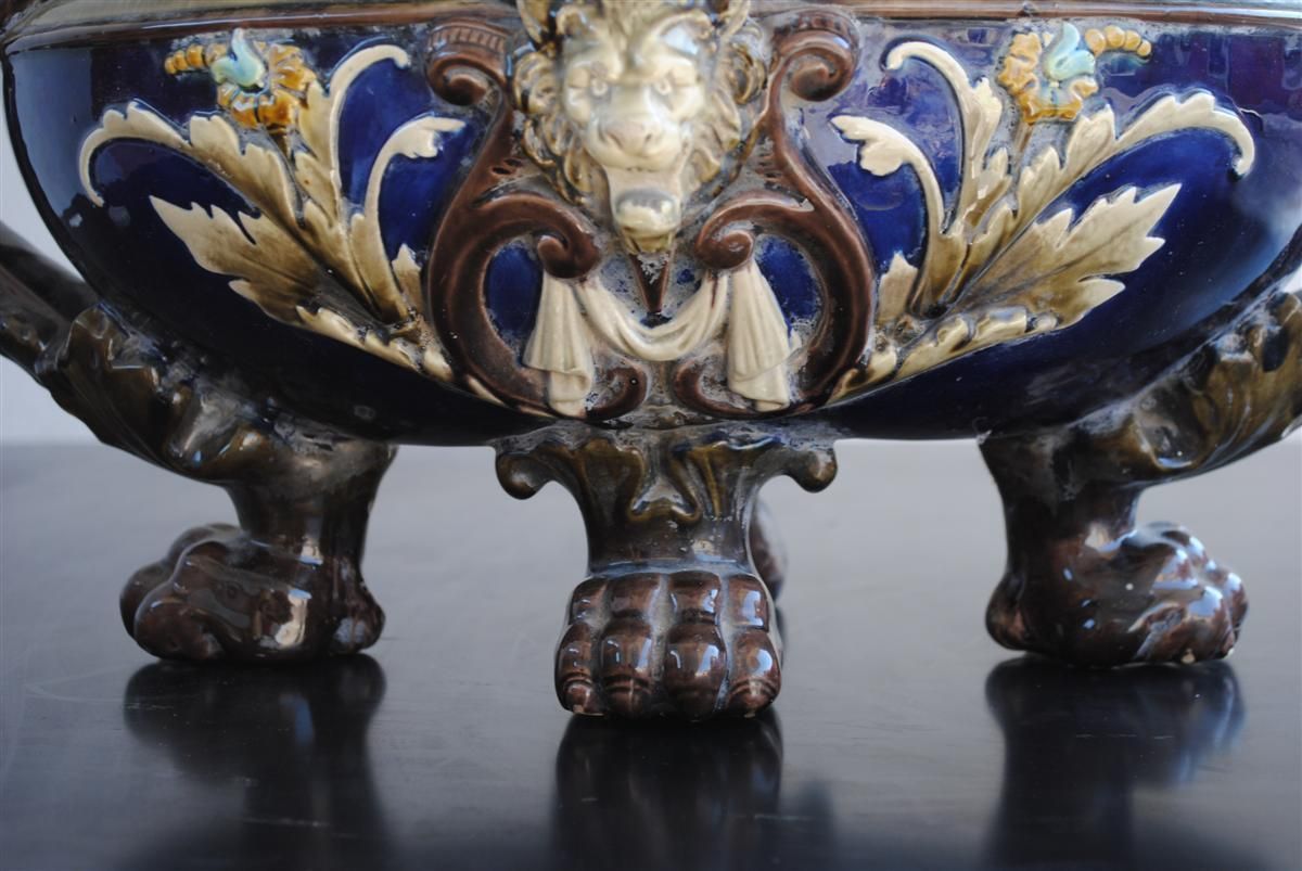 Centerpiece In Barbotine With Lion Head, 1900 Period photo for sale