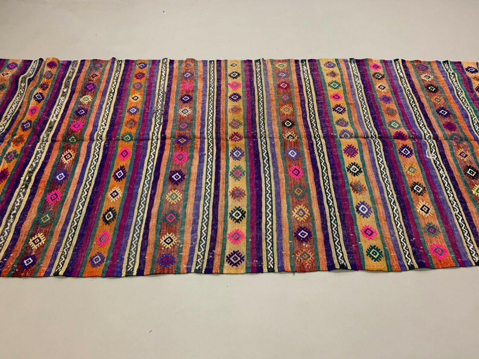 Colourful Vintage Turkish Kilim 318x138 Cm Kelim Rug Wool Red Green Black Large photo Textiles