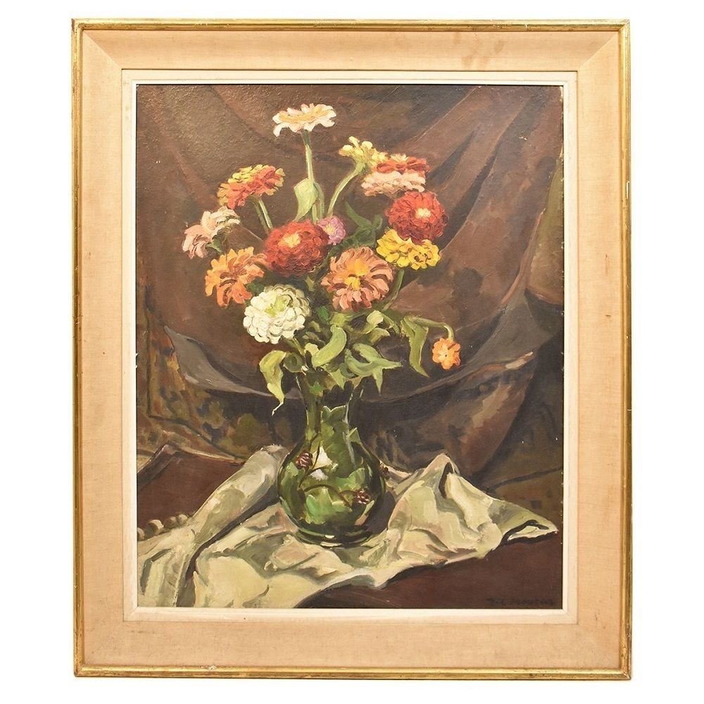 Flower Painting, Yellow And Red Zinnie Flowers, Still Life, Oil On Wood, 20th Century, Art Deco. (Qf248)