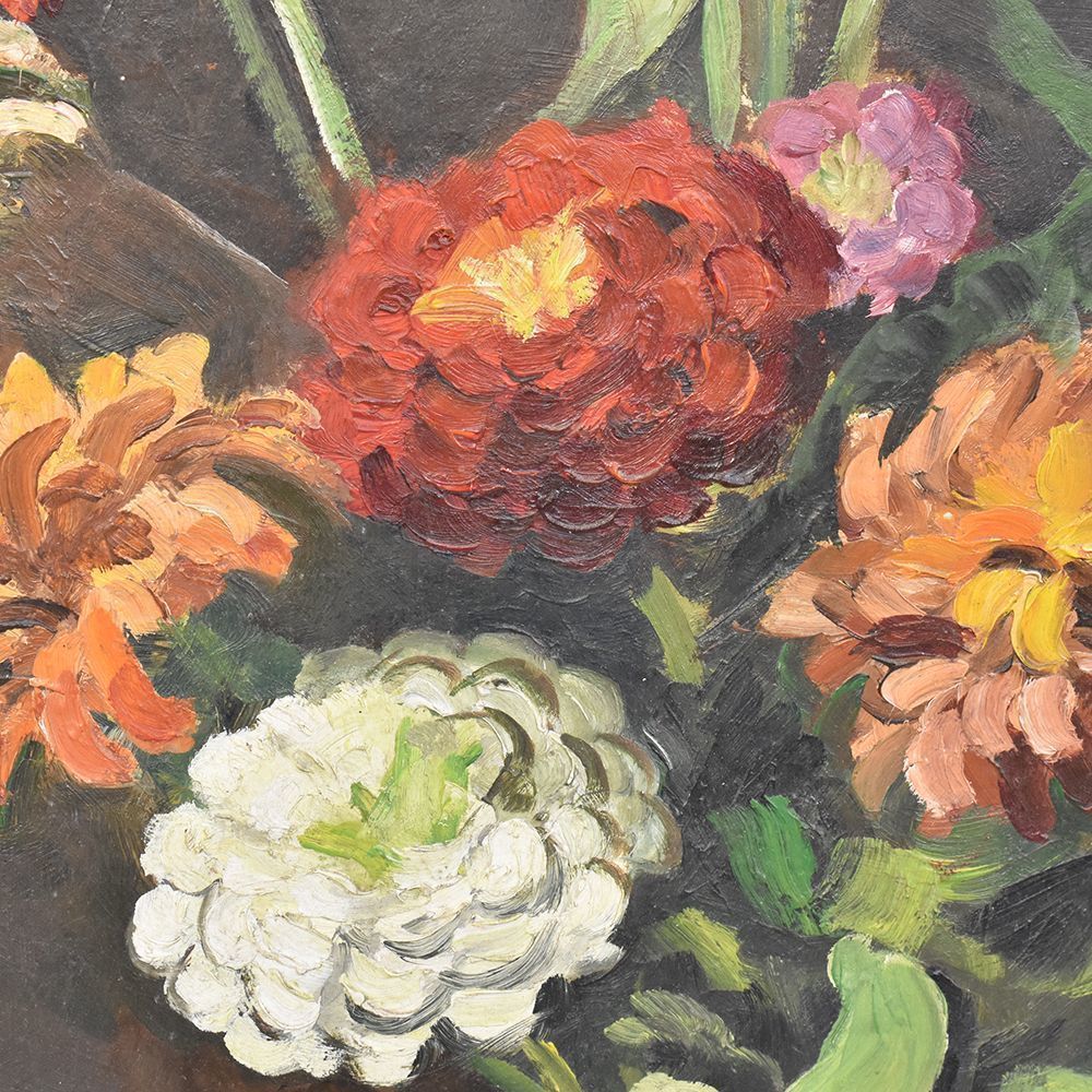 Flower Painting, Yellow And Red Zinnie Flowers, Still Life, Oil On Wood, 20th Century, Art Deco. (Qf248) photo for sale