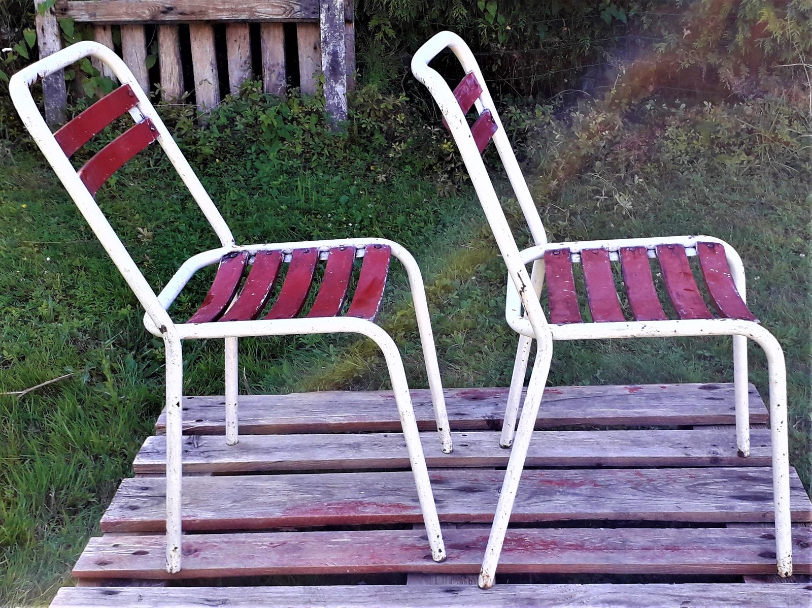 Duo Of Tolix Chairs With Wooden Seat photo for sale