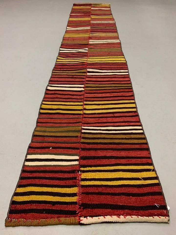 Old Turkish Narrow Kilim Runner 267x53 Cm, Shabby Chic, Vintage Kelim Red Gold
