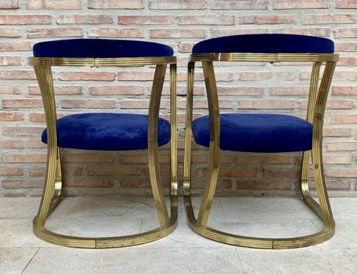 French Pair Of Midcentury Gold Brass Chairs With Blue Velvet Upholstery photo Furniture