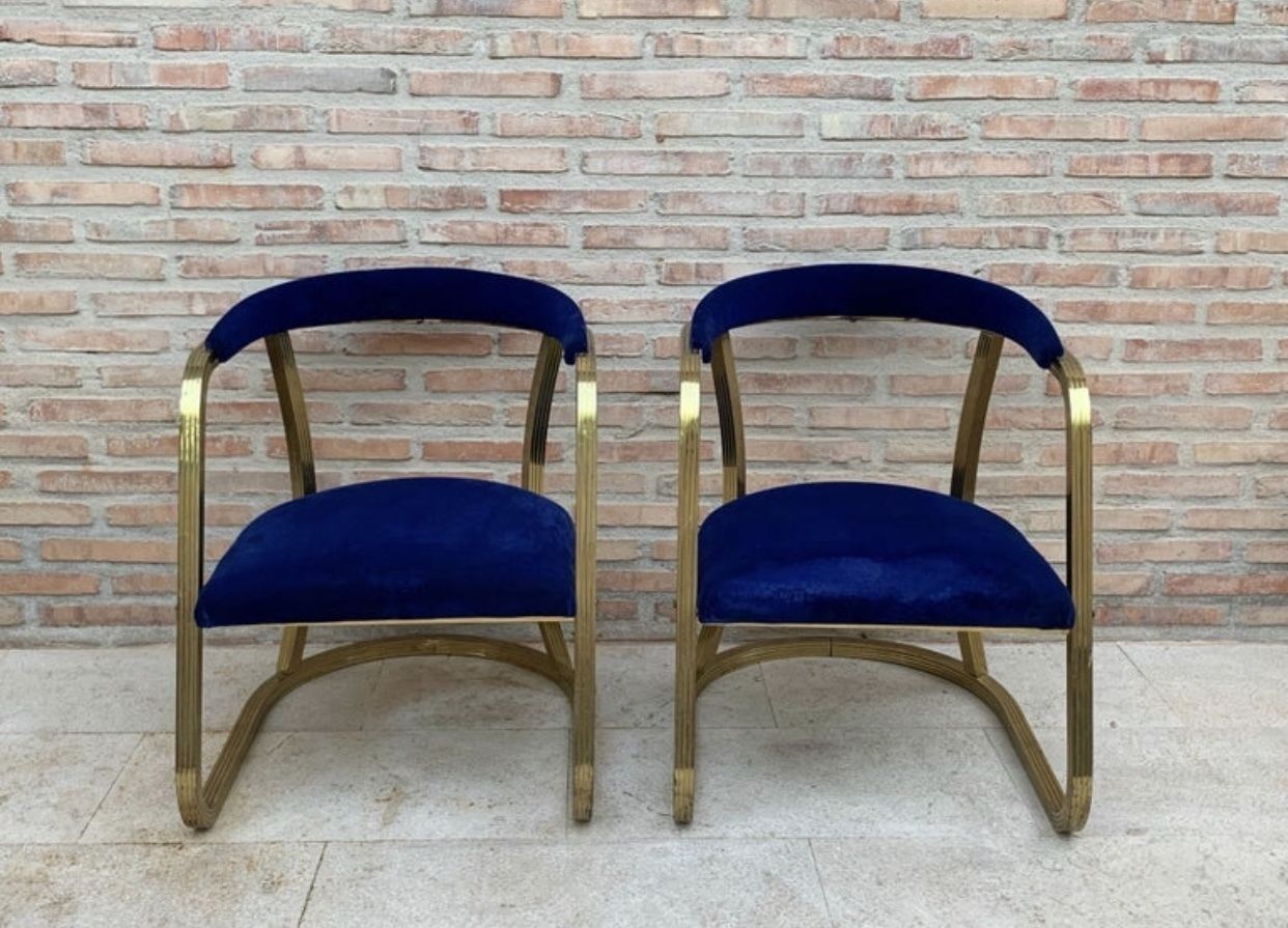 French Pair Of Midcentury Gold Brass Chairs With Blue Velvet Upholstery photo buy