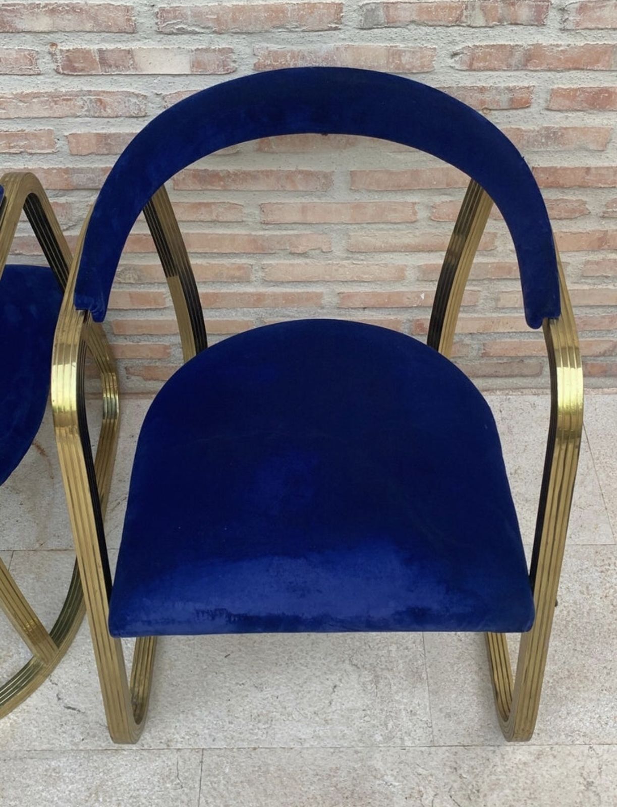 French Pair Of Midcentury Gold Brass Chairs With Blue Velvet Upholstery photo vintage