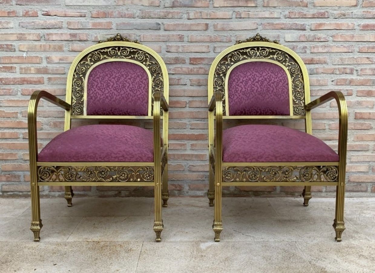 20th French Pair Gold Brass & Bronze Arm Chairs With Pink Velvet Upholstery photo furniture