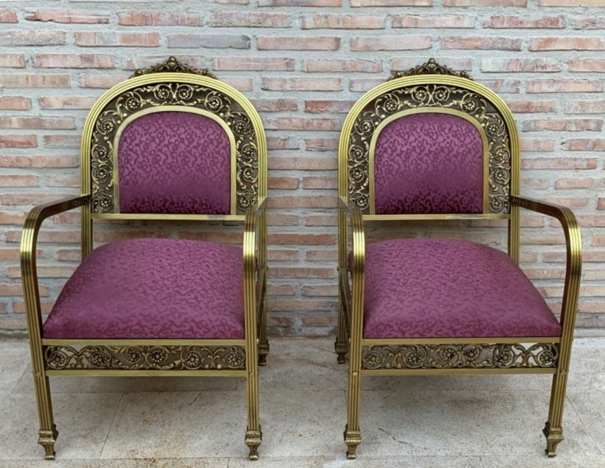 20th French Pair Gold Brass & Bronze Arm Chairs With Pink Velvet Upholstery photo 3695.0