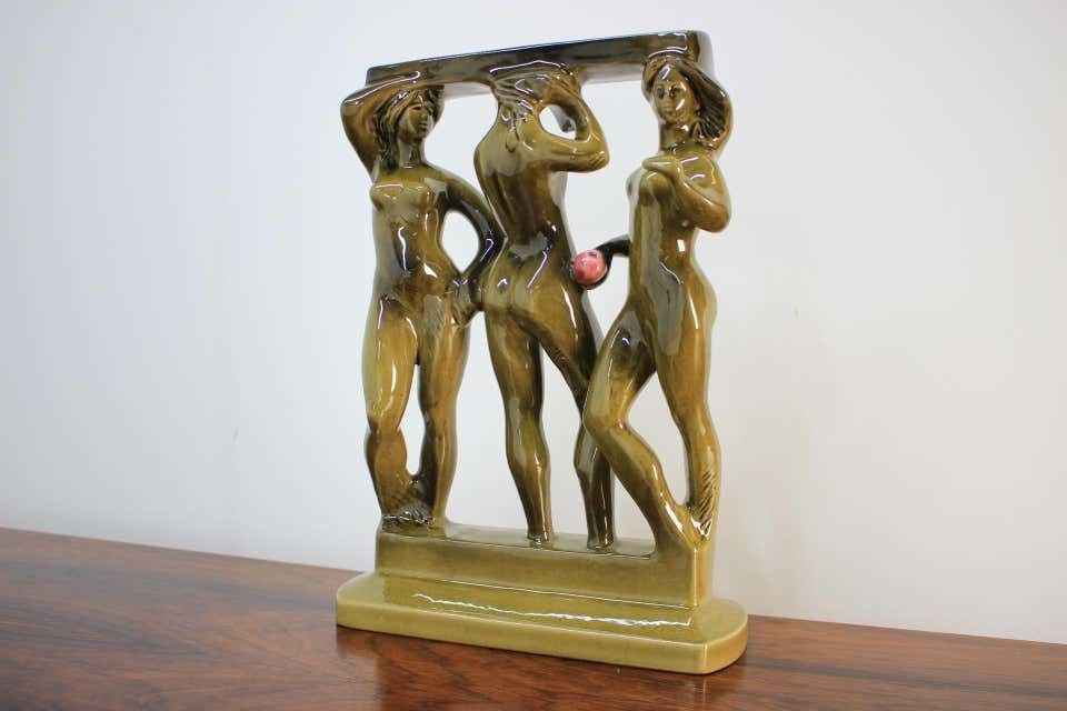 Midcentury Ceramic Sculpture Of Women, Three Graces, Design Zdenek Farnik 1960s photo furniture