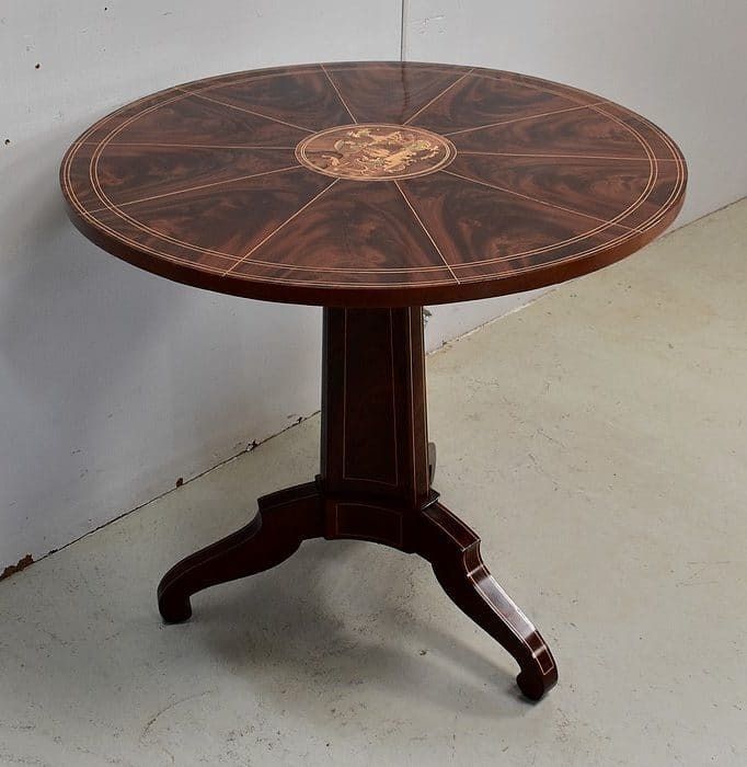 Burr Mahogany Veneer And Marquetry Pedestal Table, Charles X Period   Early 19th Century photo for sale