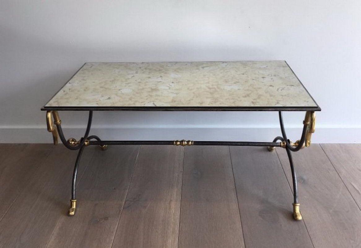 Maison Jansen Brushed Steel And Brass Coffee Table With Swanheads And Feet. Circa 1970 photo furniture