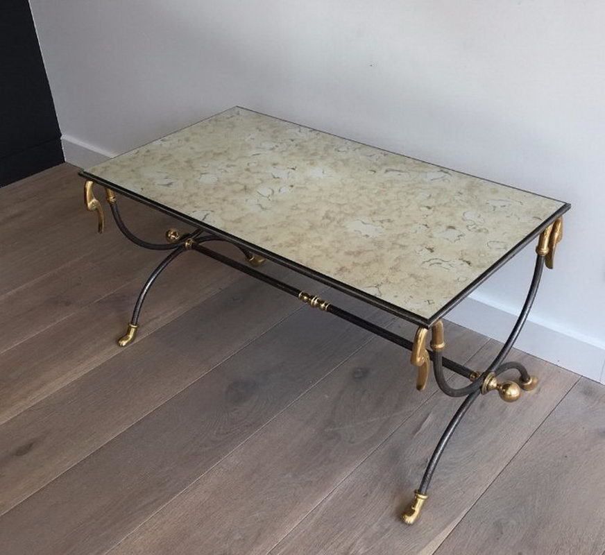 Maison Jansen Brushed Steel And Brass Coffee Table With Swanheads And Feet. Circa 1970 photo for sale