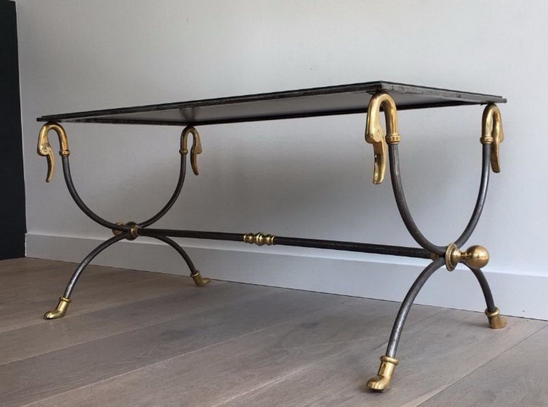 Maison Jansen Brushed Steel And Brass Coffee Table With Swanheads And Feet. Circa 1970 photo Furniture