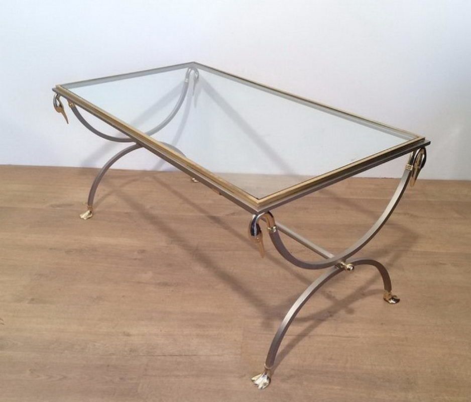 Maison Jansen. Brushed Steel And Brass Coffee Table With Swanheads And Feet. Circa 1970