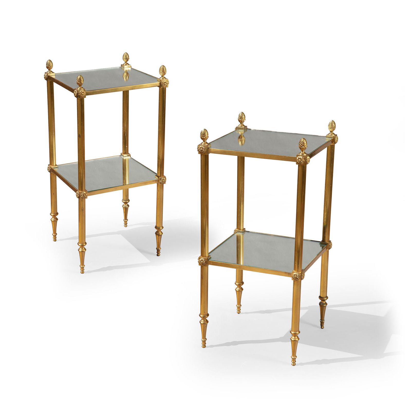 Pair Of Reeded Brass Etagere End Tables With Mirror Shelves