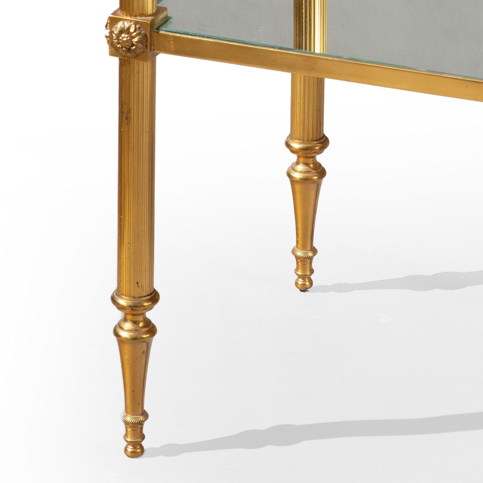 Pair Of Reeded Brass Etagere End Tables With Mirror Shelves photo for sale