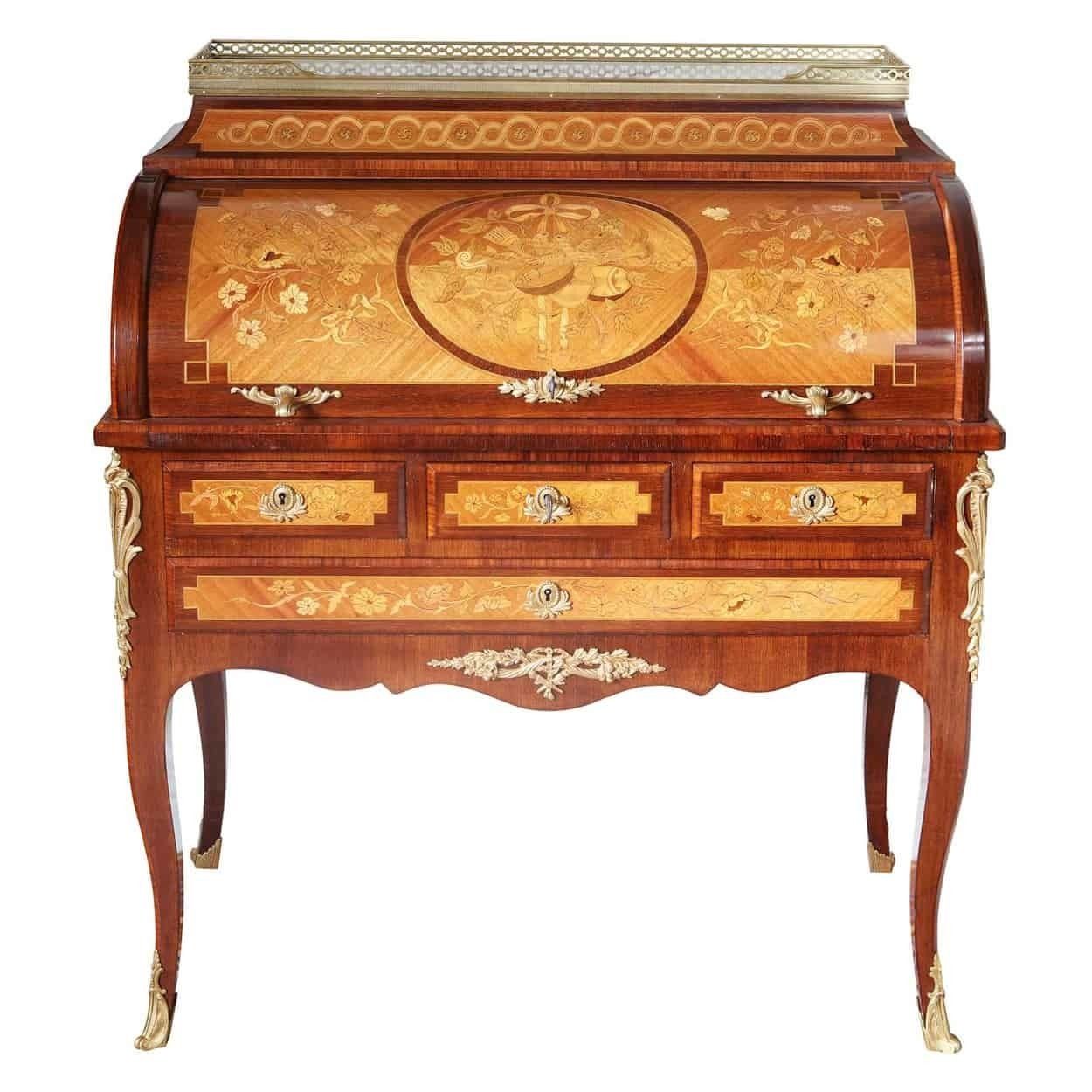 A Louis XVI Style French Marquetry Roll Top Bureau De Damme